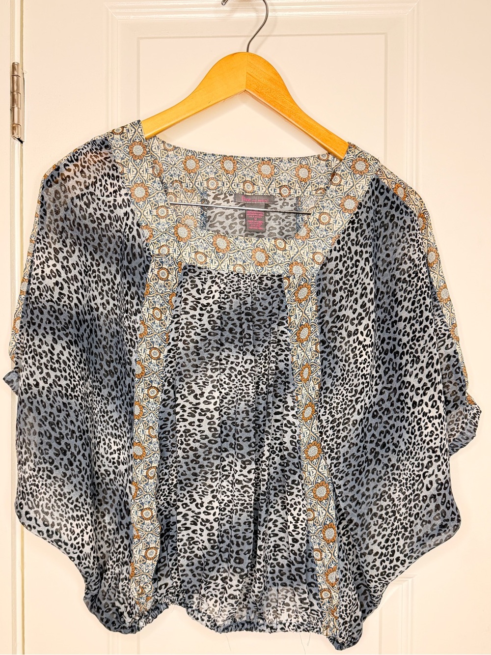 Fire Los Angeles Gray Leopard Print Dolman Tunic with Floral Trim